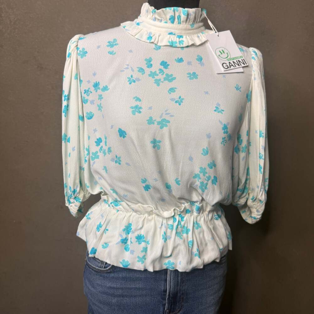 GANNI Egret Floral Ruffle Neck Puff Sleeve Peplum Blouse NWT Size 38